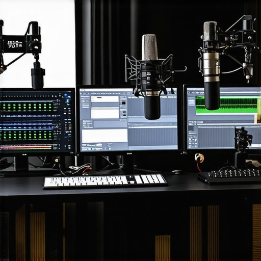 Professional creator's workstation with multiple monitors, microphones, and studio lights.