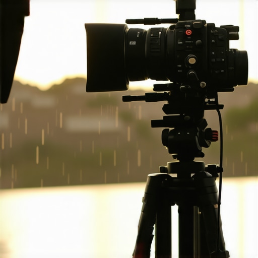 Studio gear set up outdoors in rainy weather with professional lighting, camera, and microphone