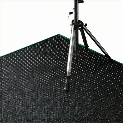 Rubber studio floor mat supporting light stands on tile flooring.