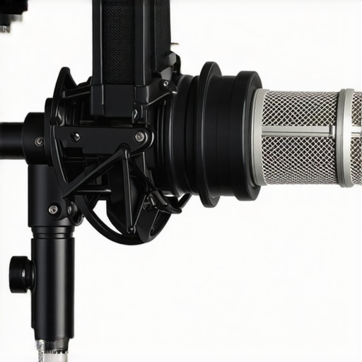 Close-up of a studio microphone on an adjustable arm, highlighting build and materials.