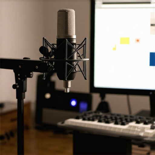 Studio Microphone Setup with Shock Mount Microphone mounted on shock mount and boom arm near keyboard and monitor in a home studio environment.
