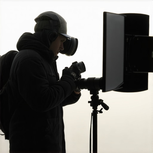 A professional camera, lighting, and microphone setup outdoors in rain and wind.