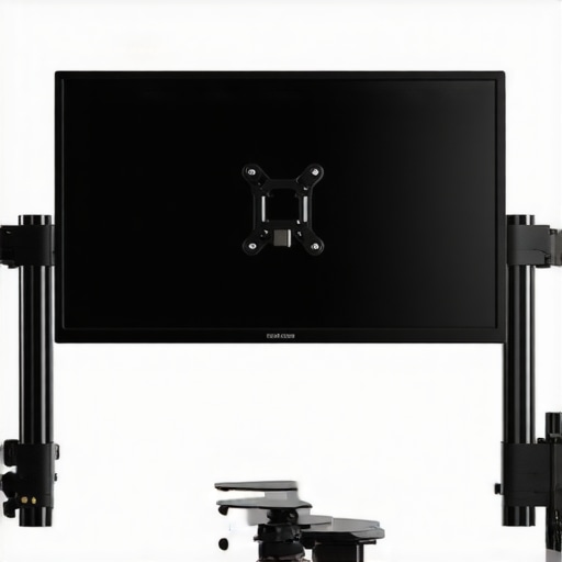 Close-up view of a robust monitor mount with adjustable joints and metal construction.