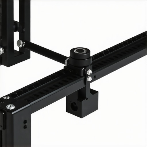A close-up view of a steel camera support rail showing adjustment knobs and sliding mechanism.