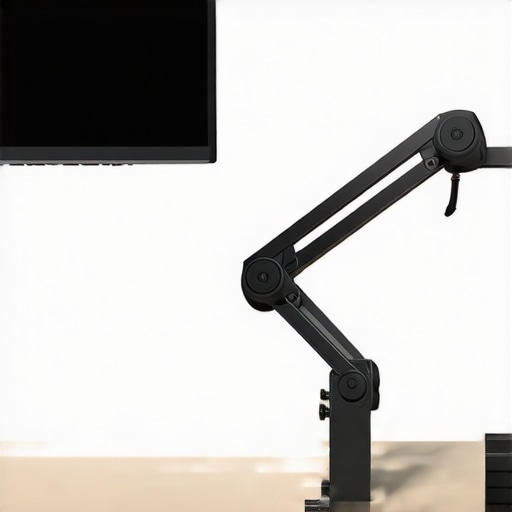 Close-up of a matte steel desk mount with adjustable arm and screw mechanisms