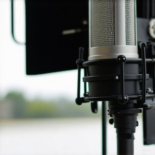 Microphone and lighting kit exposed to rain and wind during a shoot.