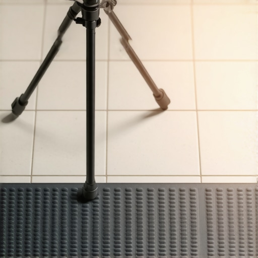 Close-up of textured rubber mat with tripod on tiled floor