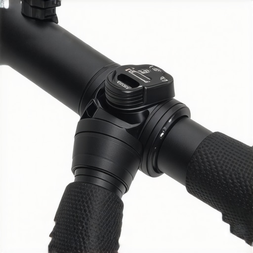 A detailed close-up of a sturdy aluminum tripod clamp with textured grip.