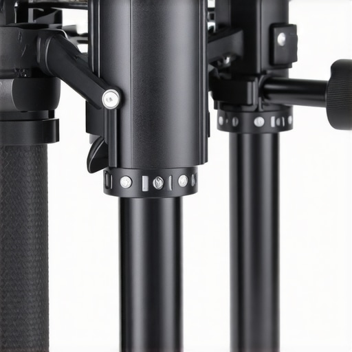 Close-up image of a sturdy tripod tightening device showing clamps and knobs.