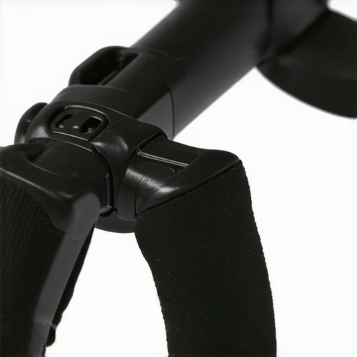 Close-up of plastic tripod stabilizer with foam padding on tripod leg.