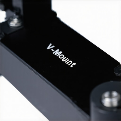 Close-up of a V-Mount Plate mounted on a professional video battery, showcasing metal finish and secure screws.