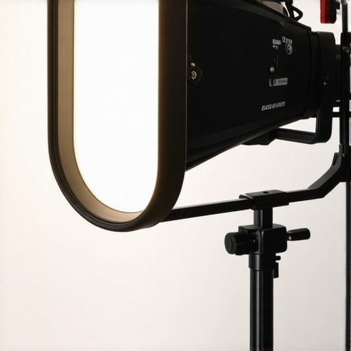 LED studio light mounted on a stand with diffuser in a filming setup.