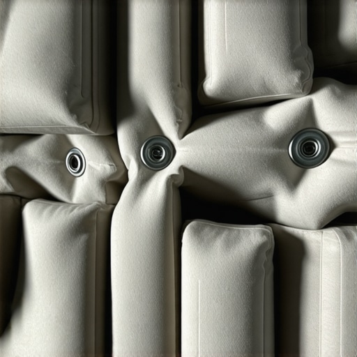 A dense sound-absorbing fabric with mounting features. Close-up of acoustic blanket fabric showing grommets and mounting hooks.