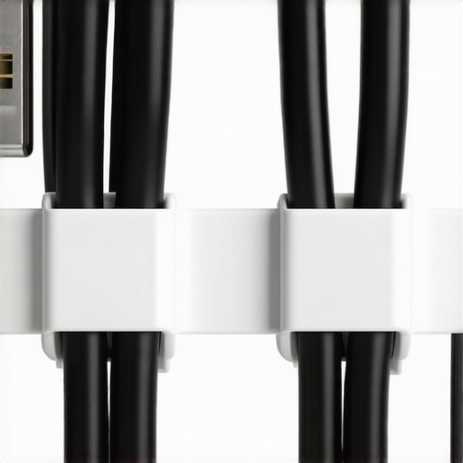 Close-up image showing plastic cable clips with cables in a studio environment