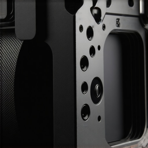 Close-up of aluminum camera cage highlighting machining and mounting points.