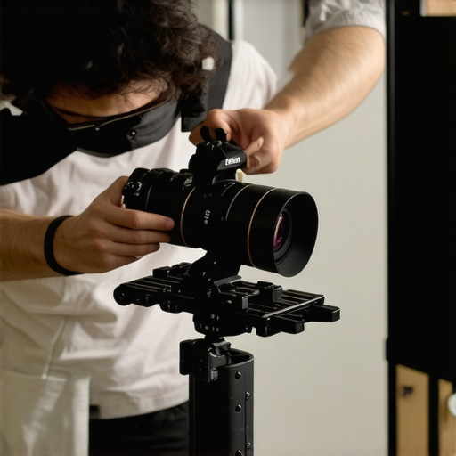 Person assembling modular camera rig with accessories in a studio setting