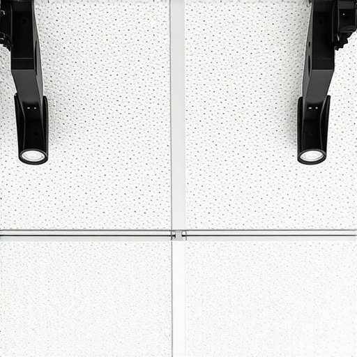 Modern ceiling-mounted LED light fixture with adjustable angles in a studio ceiling.