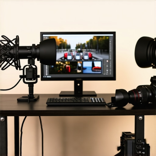 Challenging Creator Setup in Action A busy streaming setup with microphones, lights, and camera amidst energetic activity