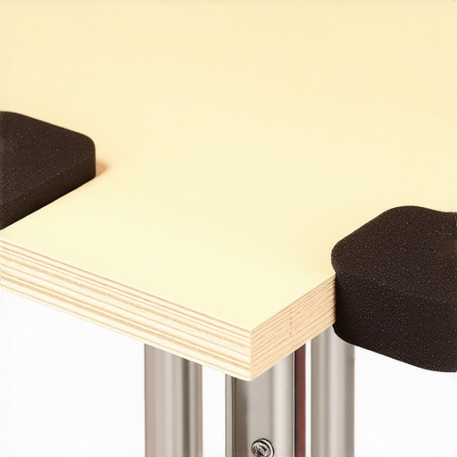 Close-up of steel desk clamp with rubber padding securing a desk surface.