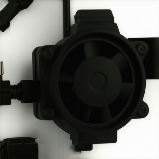 Compact Camera Cooling Fan Close-up of a small plastic cooling fan with USB connection mounted on a camera rig.