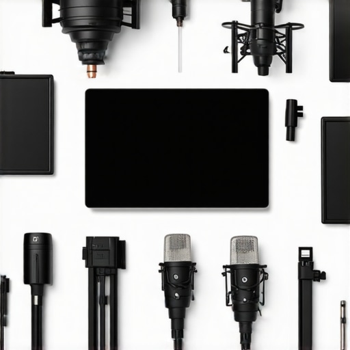 A sleek studio setup featuring a microphone, adjustable creator rigs, and LED lighting panels.