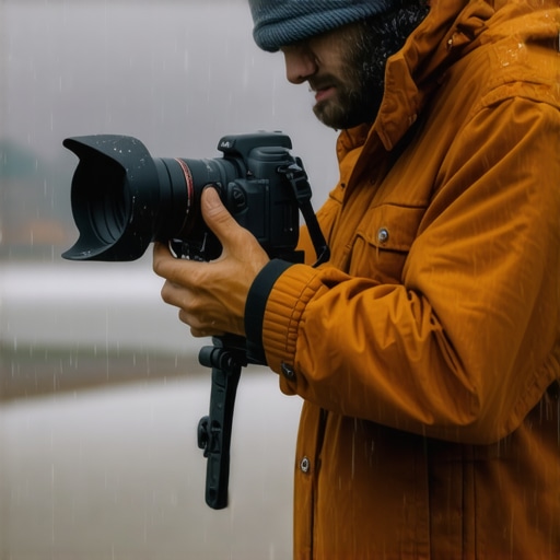 A photographer adjusting lighting and camera outdoors during rain, illustrating equipment resilience.