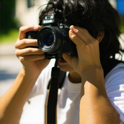 Photographer using a homemade lens shield to reduce lens flare outdoors