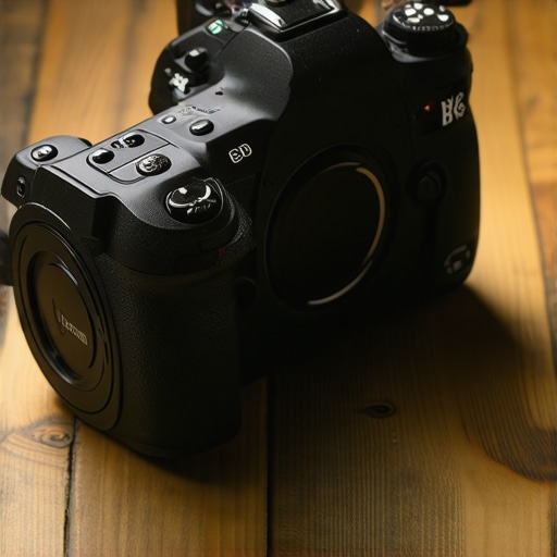 Close-up of a professional DSLR camera highlighting the textured grip and sturdy body.