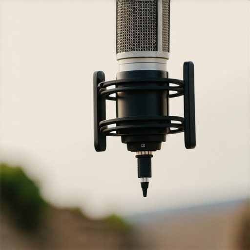 Close-up of a professional studio microphone securely mounted outdoors in windy conditions