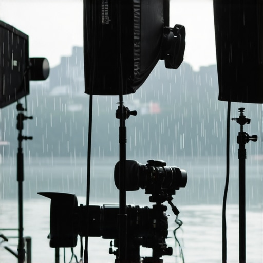 High-quality studio gear functioning outdoors during rain with protective casings.