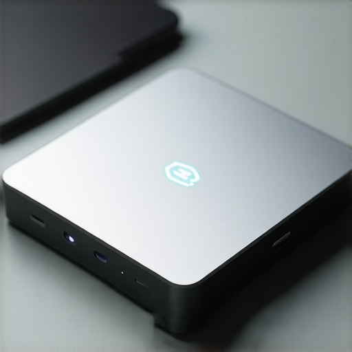Close-up of a sleek external SSD showing aluminum casing and LED indicator on a desk