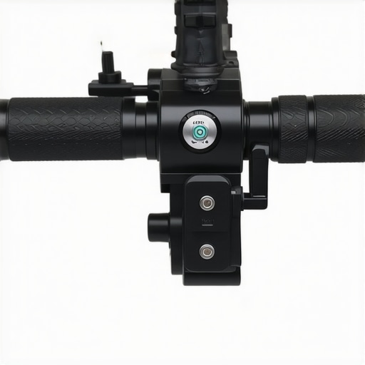 Close-up of a heavy-duty aluminum vertical video rig with textured handles and adjustable parts.