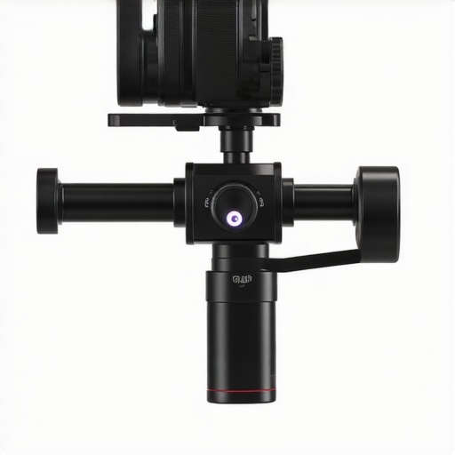 Close-up of a professional camera gimbal with ergonomic grips and digital controls