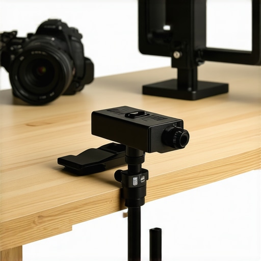 Heavy-Duty Studio Clamp Comparison Close-up of a robust studio clamp supporting lighting equipment on a desktop.