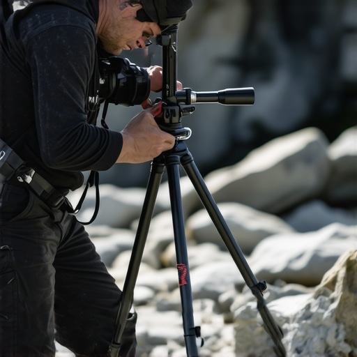 Filmmaker adjusting a stable and robust tripod outdoors