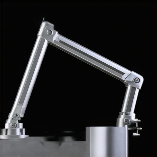 Close-up of aluminum desk mount with adjustable arm supporting microphone