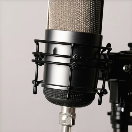 Close-up of a metal microphone filter mounted on a stand in a studio.