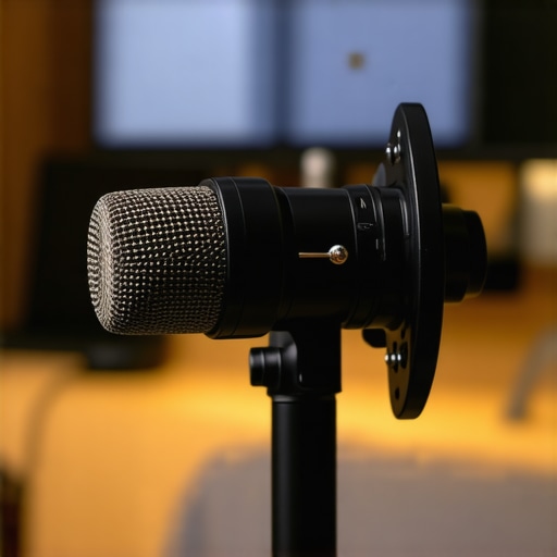 Mic Arm Construction Details Detailed view of microphone arm with tension knob, joints, and cable clips