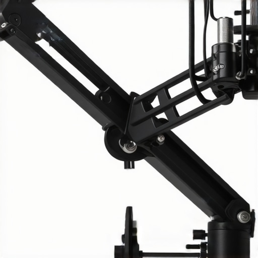Microphone Arm with Flexible Joints Close-up of a microphone arm clip-on to a desk with adjustable joints and tension knobs.