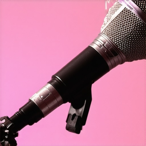 Close-up of a rugged dynamic microphone's metal body and stand mount