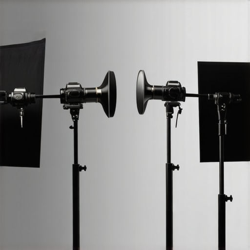 Modern Studio Equipment Setup A professional studio setup showcasing graphene support arms, microphones, lighting, and camera rigs in a sleek environment.