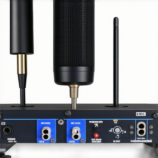 Diagram showing proper antenna positioning and frequency selection for wireless microphones.