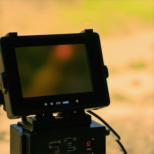 Outdoor Field Monitor Setup A small portable monitor connected to a camera in an outdoor setting, displaying a bright, clear image
