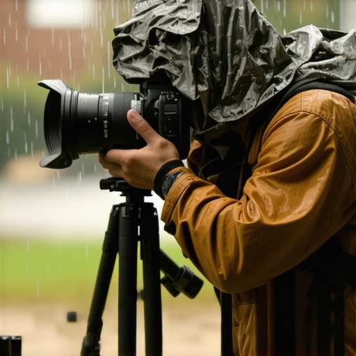 Photographer with camera shooting in rain, showing protective gear in action