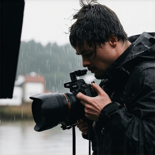 Outdoor Rainy Shooting Setup Videographer using waterproof camera and lighting equipment in the rain during a shoot