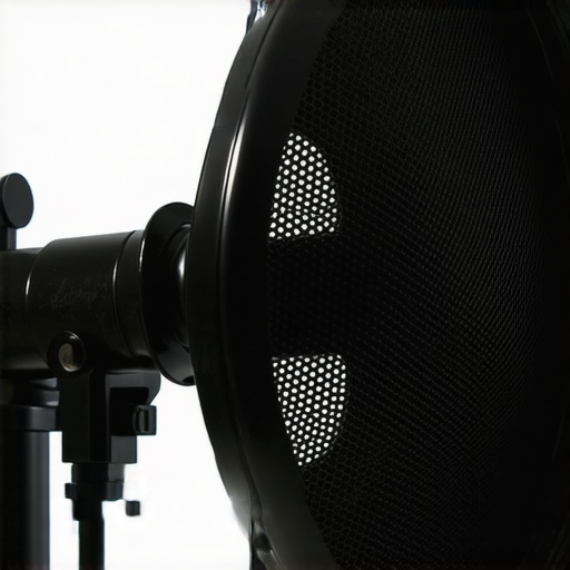Pop Filter Construction Details Close-up of a plastic pop filter showing mesh screen and adjustable arm.