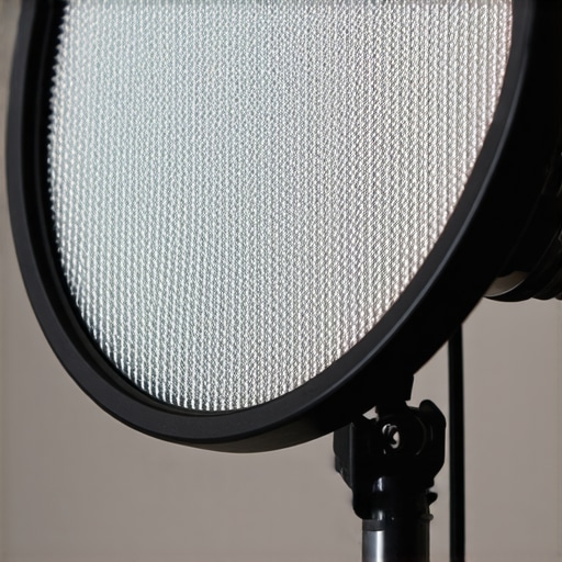 Detailed view of a plastic-bodied pop filter with mesh screen hanging in a recording studio