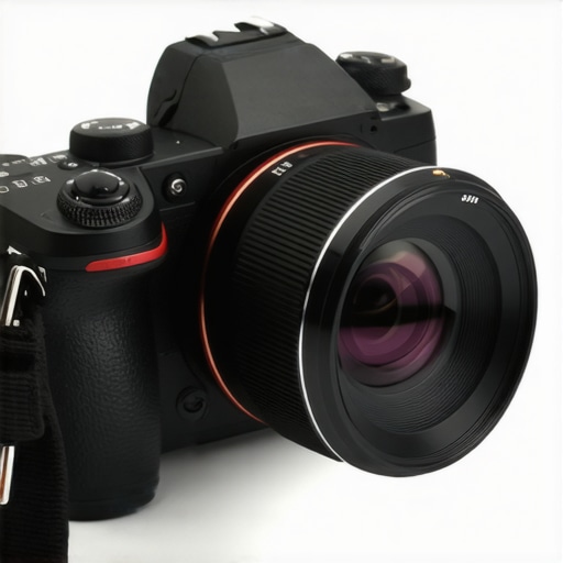 A close-up view of a high-quality small camera lens showing detailed focus rings and metal construction.