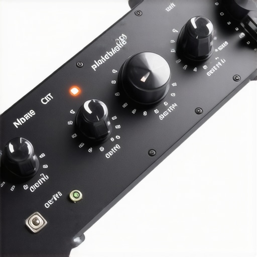 Close-up of a sleek, illuminated professional audio interface with various input ports and tactile controls.