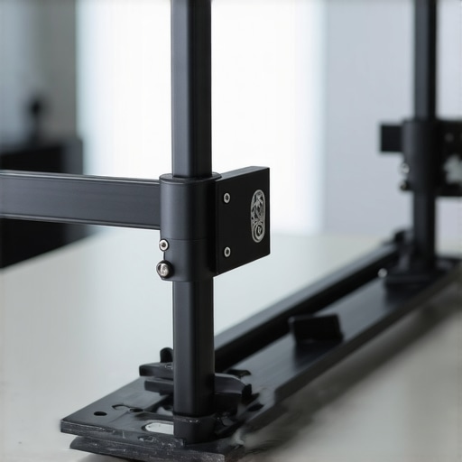 Close-up of a sturdy, adjustable studio desk mount highlighting build quality and joints.